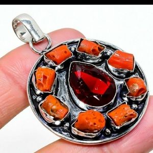 OriginalMozambique Garnet&Coral Gemstone 925°Jewelry Pendant